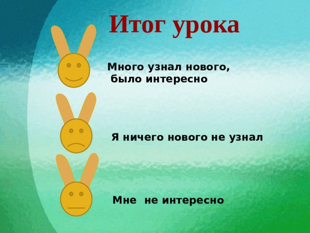 Итог урока Много узнал нового,  было интересно Я ничего нового не узнал Мне не интересно 