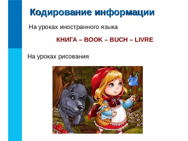 Кодирование информации На уроках иностранного языка КНИГА – BOOK – BUCH – LIVRE На уроках рисования 