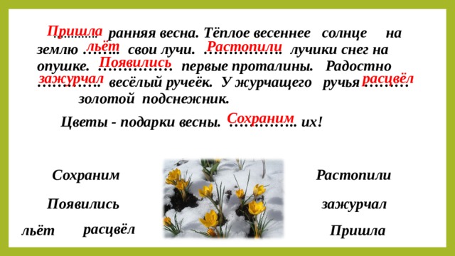 Пришла  ………… .  ранняя весна. Тёплое весеннее солнце на землю …….. свои лучи. ……………. лучики снег на опушке. …………… первые проталины. Радостно …………. весёлый ручеёк. У журчащего ручья ……… золотой подснежник.  Цветы - подарки весны. ………….. их!   льёт Растопили Появились зажурчал расцвёл Сохраним Растопили Сохраним Появились зажурчал расцвёл льёт Пришла 