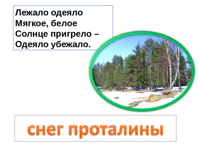 Лежало одеяло Мягкое, белое Солнце пригрело – Одеяло убежало. 