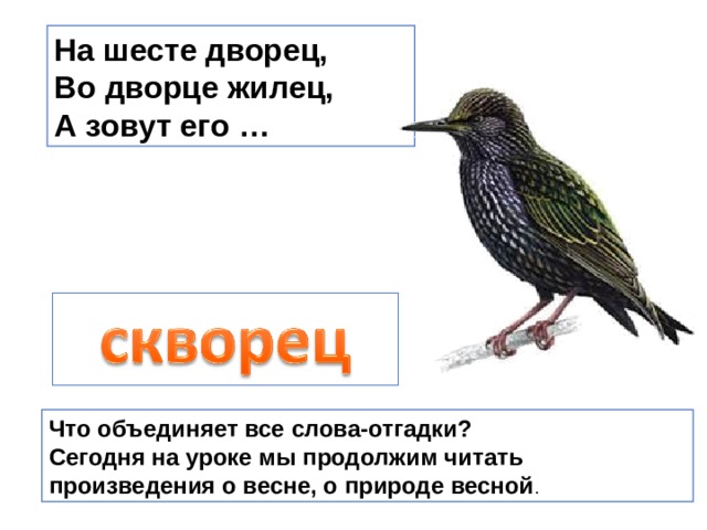 На шесте дворец, Во дворце жилец, А зовут его … Что объединяет все слова-отгадки? Сегодня на уроке мы продолжим читать произведения о весне, о природе весной . 