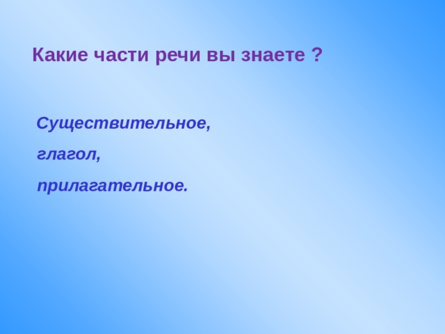Какие части речи вы знаете ?   Существительное,  глагол,  прилагательное.  