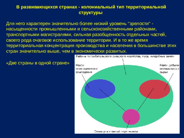 В развивающихся странах - колониальный тип территориальной структуры  Для него характерен значительно более низкий уровень 