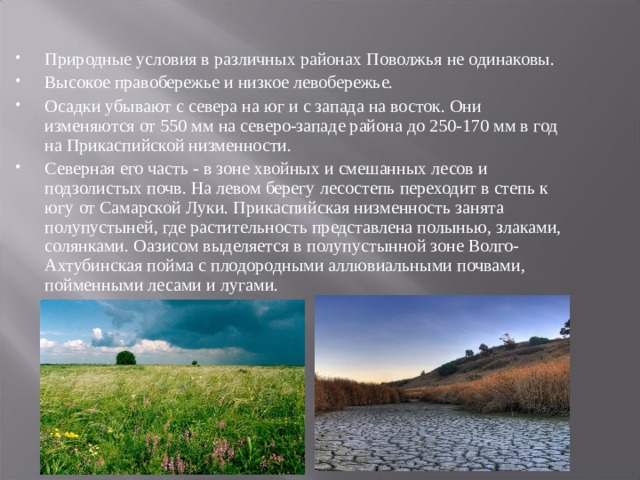 Природные условия в различных районах Поволжья не одинаковы. Высокое правобережье и низкое левобережье. Осадки убывают с севера на юг и с запада на восток. Они изменяются от 550 мм на северо-западе района до 250-170 мм в год на Прикаспийской низменности. Северная его часть - в зоне хвойных и смешанных лесов и подзолистых почв. На левом берегу лесостепь переходит в степь к югу от Самарской Луки. Прикаспийская низменность занята полупустыней, где растительность представлена полынью, злаками, солянками. Оазисом выделяется в полупустынной зоне Волго-Ахтубинская пойма с плодородными аллювиальными почвами, пойменными лесами и лугами.   