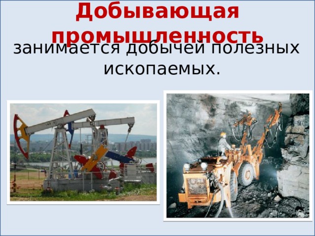 Добывающая промышленность занимается добычей полезных ископаемых. 