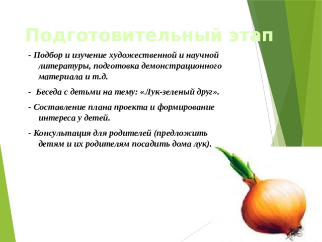 Подготовительный этап - Подбор и изучение художественной и научной литературы, подготовка демонстрационного материала и т.д. - Беседа с детьми на тему: «Лук-зеленый друг». - Составление плана проекта и формирование интереса у детей. - Консультация для родителей (предложить детям и их родителям посадить дома лук). 