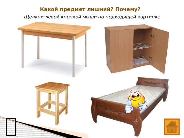 Какой предмет лишний? Почему? Щелкни левой кнопкой мыши по подходящей картинке  Я сам! 
