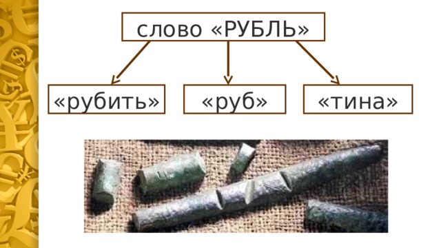слово «РУБЛЬ» «рубить» «тина» «руб» 