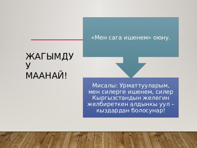 «Мен сага ишенем» оюну. Жагымдуу маанай! Мисалы: Урматтууларым, мен силерге ишенем, силер Кыргызстандын желегин желбиреткен алдынкы уул – кыздардан болосунар! 