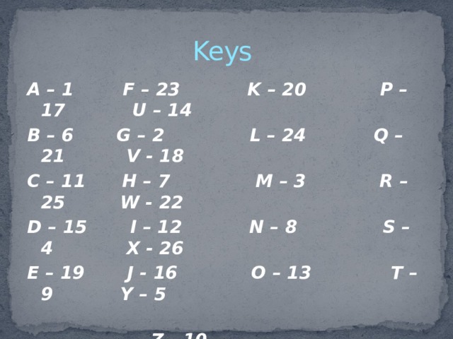 Keys A – 1 F – 23 K – 20 P – 17 U – 14 B – 6 G – 2 L – 24 Q – 21 V - 18 C – 11 H – 7 M – 3 R – 25 W - 22 D – 15 I – 12 N – 8 S – 4 X - 26 E – 19 J - 16 O – 13 T – 9 Y – 5  Z - 10 