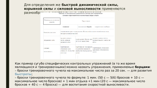 Для определения же  быстрой динамической силы, взрывной силы  и  силовой выносливости  применяются разнообразные  контрольные упражнения. Как пример сугубо специфических контрольных упражнений (в то же время являющихся и тренировочными) можно назвать упражнения, применяемые  борцами : – броски тренировочного чучела на максимальное число раз за 20 сек. — для развития  быстроты ; – броски тренировочного чучела по формуле: 1 мин. (50 с — 5(6) бросков + 10 с — максимальное число бросков) + 1 мин отдыха +1 мин (20 с — максимальное число бросков + 40 с — 4 броска) — для воспитания скоростной выносливости. 