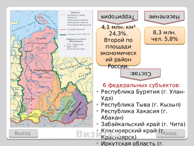 Территория Население Состав: 4,1 млн. км² 24,3%. 8,3 млн. чел. 5,8% Второй по площади экономический район России. 6 федеральных субъектов: Республика Бурятия (г. Улан-Удэ) Республика Тыва (г. Кызыл) Республика Хакасия (г. Абакан) Забайкальский край (г. Чита) Красноярский край (г. Красноярск) Иркутская область (г. Иркутск) Визитка Выход Назад  