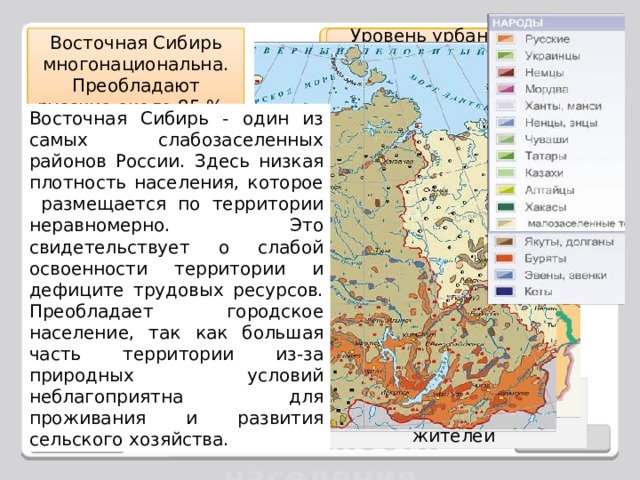 Республика Тува Средняя плотность населения 2чел /км² Восточная Сибирь многонациональна. Преобладают русские около 85 %. Уровень урбанизации 73% 8,3 млн. чел. 5,8% Крупные города Восточная Сибирь - один из самых слабозаселенных районов России. Здесь низкая плотность населения, которое размещается по территории неравномерно. Это свидетельствует о слабой освоенности территории и дефиците трудовых ресурсов. Преобладает городское население, так как большая часть территории из-за природных условий неблагоприятна для проживания и развития сельского хозяйства. Третий пункт два щелчка и переход на слайд «Красноярск». Скрыть информацию- щелчок по карте. Естественный прирост населения на 1000 жителей Особенности населения Выход Назад  