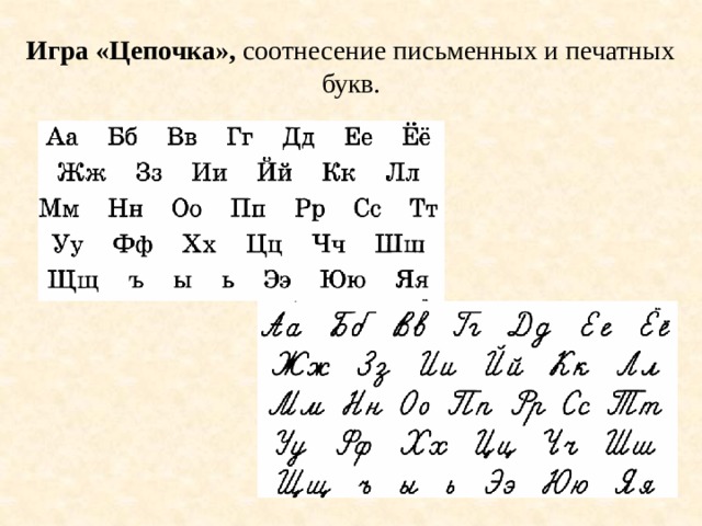 Игра «Цепочка», соотнесение письменных и печатных букв. 