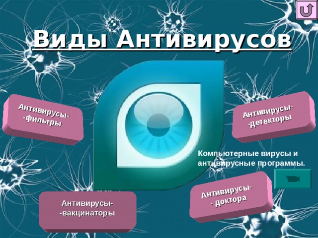 Антивирусы- -фильтры Антивирусы- -детекторы Антивирусы- - доктора Виды Антивирусов Компьютерные вирусы и антивирусные программы.  Антивирусы- -вакцинаторы  