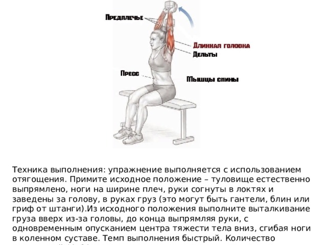 Техника выполнения: упражнение выполняется с использованием отягощения. Примите исходное положение – туловище естественно выпрямлено, ноги на ширине плеч, руки согнуты в локтях и заведены за голову, в руках груз (это могут быть гантели, блин или гриф от штанги).Из исходного положения выполните выталкивание груза вверх из-за головы, до конца выпрямляя руки, с одновременным опусканием центра тяжести тела вниз, сгибая ноги в коленном суставе. Темп выполнения быстрый. Количество повторений 10–20 раз в одном подходе, в зависимости от уровня подготовленности. 