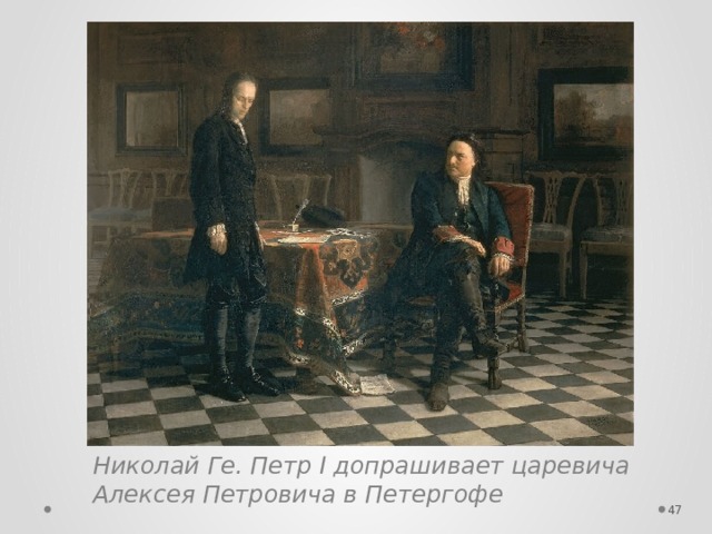 Николай Ге. Петр I допрашивает царевича Алексея Петровича в Петергофе  