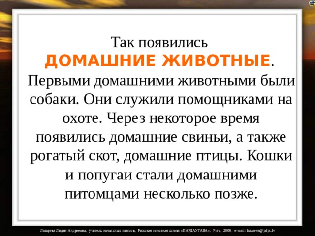 Так появились  ДОМАШНИЕ ЖИВОТНЫЕ .  Первыми домашними животными были собаки. Они служили помощниками на охоте. Через некоторое время появились домашние свиньи, а также рогатый скот, домашние птицы. Кошки и попугаи стали домашними питомцами несколько позже. 