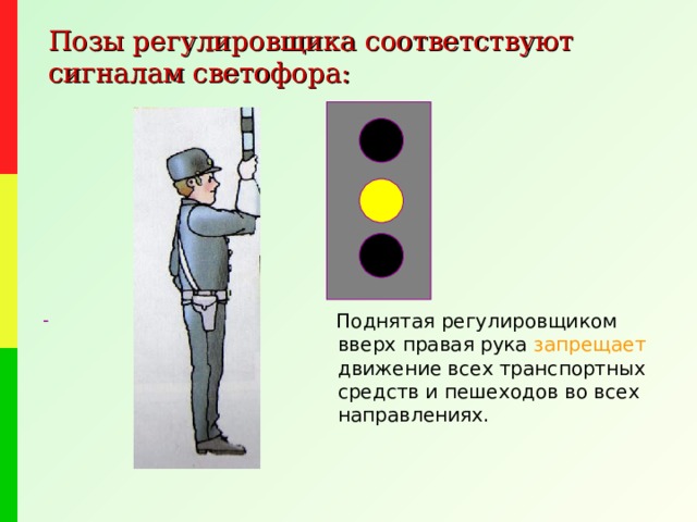 Позы регулировщика соответствуют сигналам светофора:  Поднятая регулировщиком вверх правая рука запрещает движение всех транспортных средств и пешеходов во всех направлениях. - 
