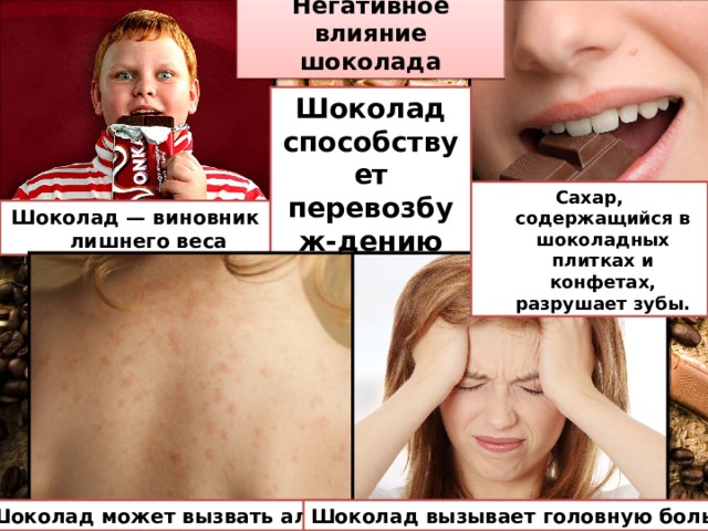 Негативное влияние шоколада Шоколад способствует перевозбуж-дению Сахар, содержащийся в шоколадных плитках и конфетах, разрушает зубы. Шоколад — виновник лишнего веса Шоколад может вызвать аллергию Шоколад вызывает головную боль 