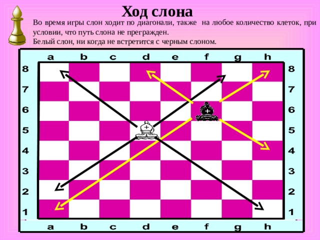 Ход слона Во время игры слон ходит по диагонали, также на любое количество клеток, при условии, что путь слона не прегражден. Белый слон, ни когда не встретится с черным слоном. 