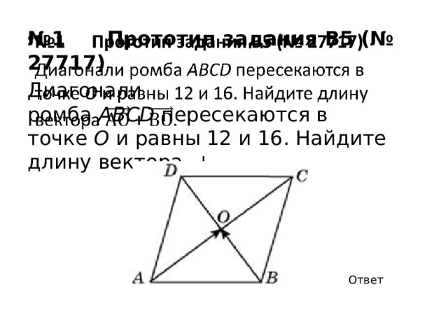 № 1 Прототип задания B5 (№ 27717)   Диагонали ромба  ABCD  пересекаются в точке  O  и равны 12 и 16. Найдите длину вектора  + . Ответ 
