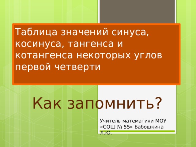 Таблица значений синуса, косинуса, тангенса и котангенса некоторых углов первой четверти   Как запомнить? Учитель математики МОУ «СОШ № 55» Бабошкина Л.Ю.  