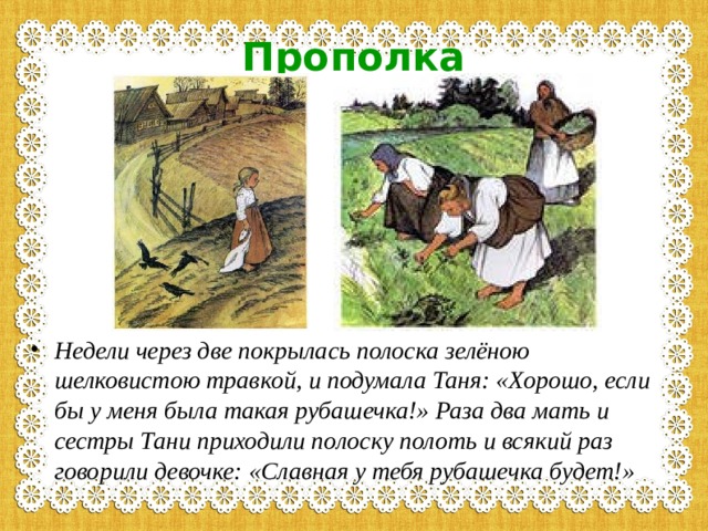 Прополка Недели через две покрылась полоска зелёною шелковистою травкой, и подумала Таня: «Хорошо, если бы у меня была такая рубашечка!» Раза два мать и сестры Тани приходили полоску полоть и всякий раз говорили девочке: «Славная у тебя рубашечка будет!» 