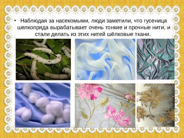 Наблюдая за насекомыми, люди заметили, что гусеница шелкопряда вырабатывает очень тонкие и прочные нити, и стали делать из этих нитей шёлковые ткани. 