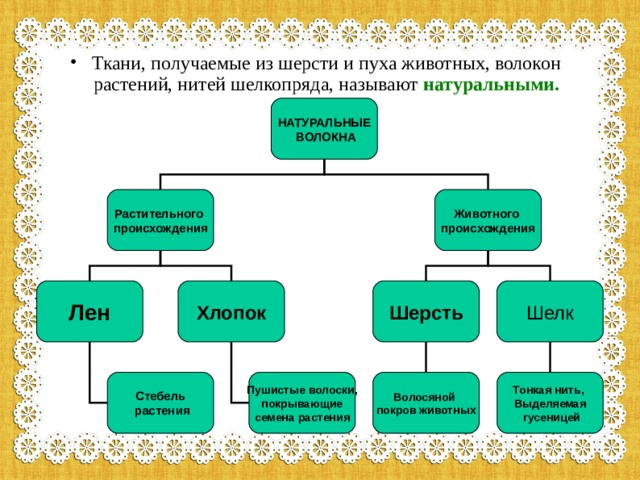 Ткани, получаемые из шерсти и пуха животных, волокон растений, нитей шелкопряда, называют натуральными. НАТУРАЛЬНЫЕ  ВОЛОКНА Растительного происхождения Животного происхождения Шерсть Лен Хлопок Шелк Волосяной покров животных Стебель  растения Пушистые волоски,  покрывающие семена растения Тонкая нить, Выделяемая  гусеницей 