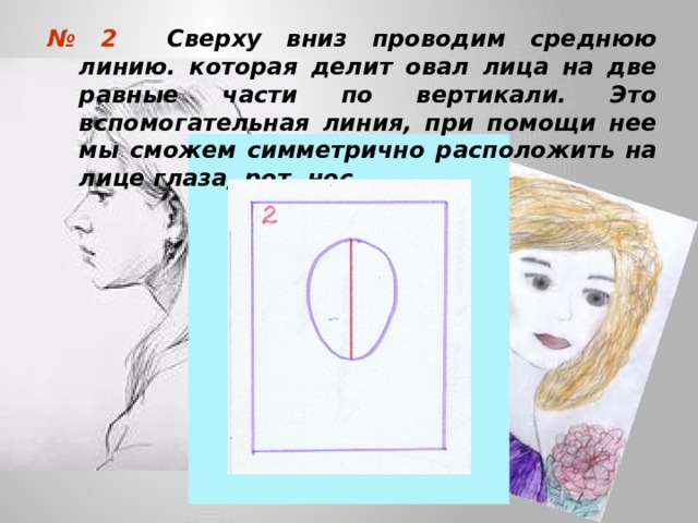 № 2 Сверху вниз проводим среднюю линию. которая делит овал лица на две равные части по вертикали. Это вспомогательная линия, при помощи нее мы сможем симметрично расположить на лице глаза, рот, нос.  