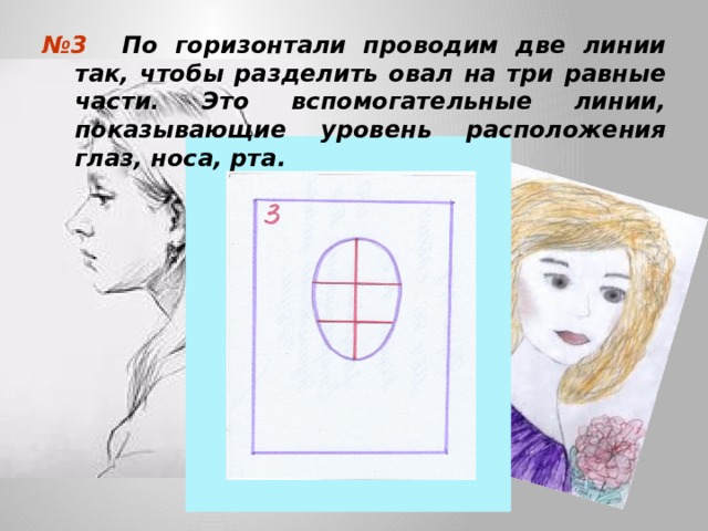 № 3 По горизонтали проводим две линии так, чтобы разделить овал на три равные части. Это вспомогательные линии, показывающие уровень расположения глаз, носа, рта. 