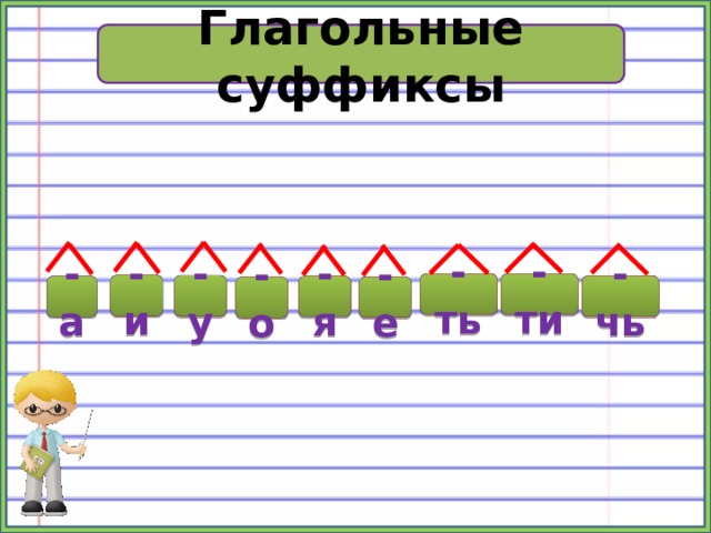 Глагольные суффиксы -ть -ти -и -у -чь -я -а -е -о 