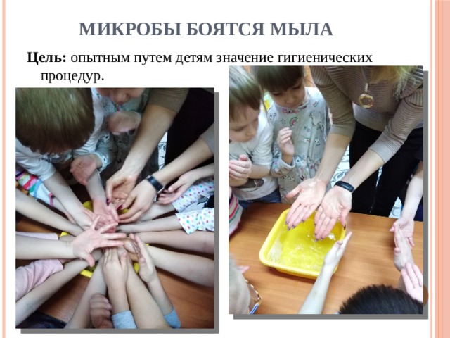 Микробы боятся мыла Цель:  опытным путем детям значение гигиенических процедур. 