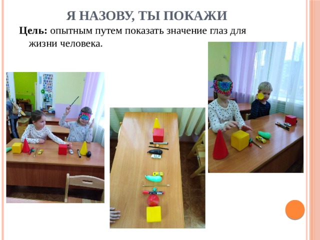 Я назову, ты покажи Цель:  опытным путем показать значение глаз для жизни человека. 