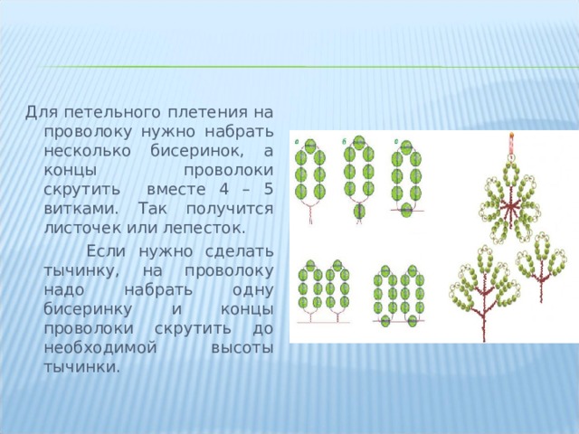 Для петельного плетения на проволоку нужно набрать несколько бисеринок, а концы проволоки скрутить вместе 4 – 5 витками. Так получится листочек или лепесток.  Если нужно сделать тычинку, на проволоку надо набрать одну бисеринку и концы проволоки скрутить до необходимой высоты тычинки. 
