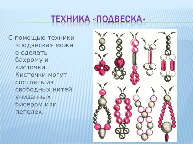 С помощью техники «подвеска» можно сделать бахрому и кисточки. Кисточки могут состоять из свободных нитей унизанных бисером или петелек. 