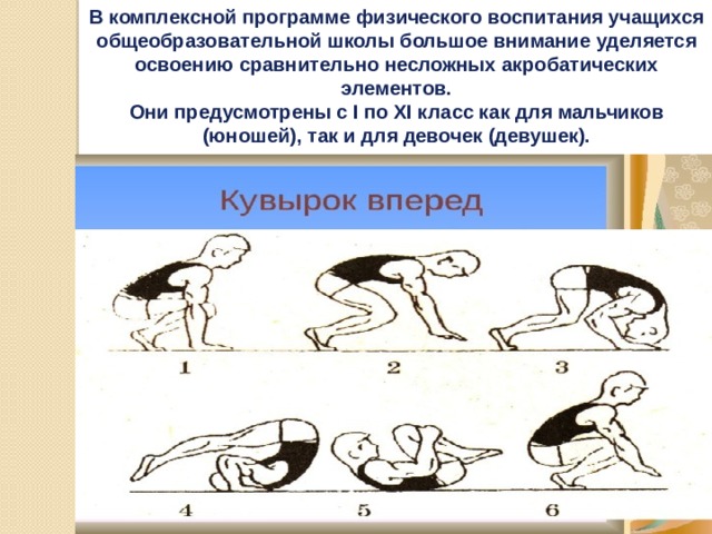 В комплексной программе физического воспитания учащихся общеобразовательной школы большое внимание уделяется освоению сравнительно несложных акробатических элементов. Они предусмотрены с I по XI класс как для мальчиков (юношей), так и для девочек (девушек). 