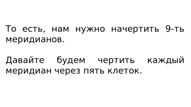То есть, нам нужно начертить 9-ть меридианов. Давайте будем чертить каждый меридиан через пять клеток. 