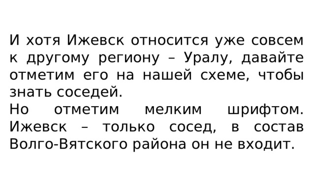 И хотя Ижевск относится уже совсем к другому региону – Уралу, давайте отметим его на нашей схеме, чтобы знать соседей. Но отметим мелким шрифтом. Ижевск – только сосед, в состав Волго-Вятского района он не входит. 