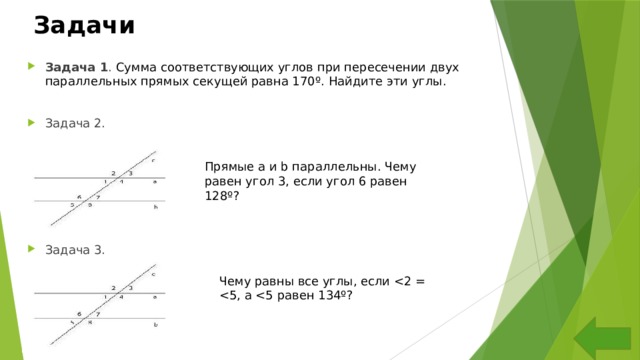 Задачи Задача 1 . Сумма соответствующих углов при пересечении двух параллельных прямых секущей равна 170º. Найдите эти углы. Задача 2. Задача 3. Прямые а и b параллельны. Чему равен угол 3, если угол 6 равен 128º? Чему равны все углы, если 