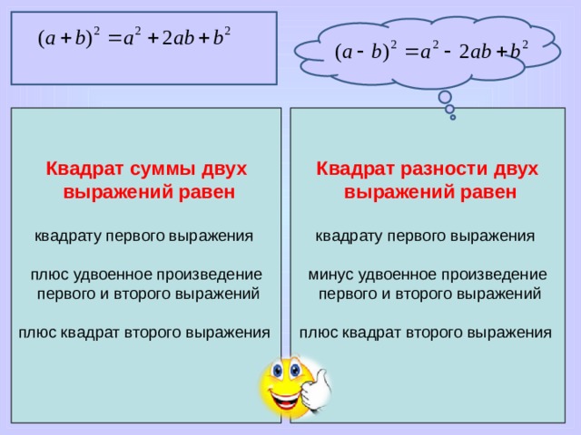     Квадрат разности двух Квадрат суммы двух  выражений равен  выражений равен квадрату первого выражения квадрату первого выражения минус удвоенное произведение плюс удвоенное произведение  первого и второго выражений  первого и второго выражений плюс квадрат второго выражения  плюс квадрат второго выражения  