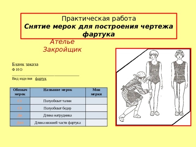 Практическая работа Снятие мерок для построения чертежа фартука Ателье Закройщик Бланк заказа Ф И О ___________________________________ Вид изделия фартук Обознач мерок Ст  Название мерок Полуобхват талии  Мои Сб    Дн  мерки Полуобхват бедер  Д нч   Длина нагрудника    Длина нижней части фартука    