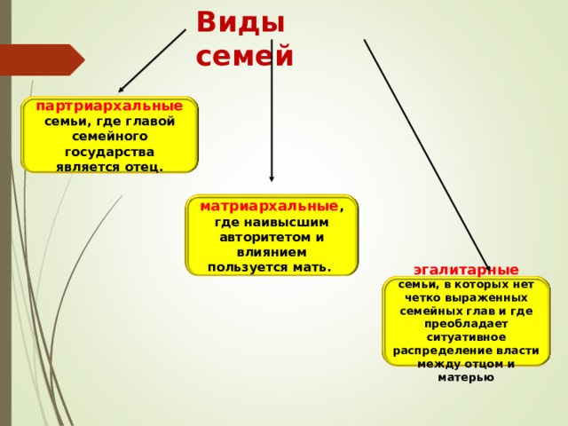 Виды семей партриархальные семьи, где главой семейного государства является отец. матриархальные , где наивысшим авторитетом и влиянием пользуется мать. эгалитарные семьи, в которых нет четко выраженных семейных глав и где преобладает ситуативное распределение власти между отцом и матерью 
