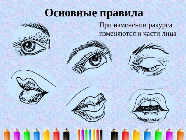 Основные правила При изменении ракурса изменяются и части лица 