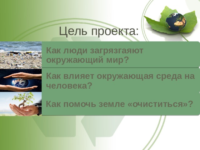 Цель проекта:  Как люди загрязгаяют окружающий мир? Как влияет окружающая среда на человека? Как помочь земле «очиститься»? 