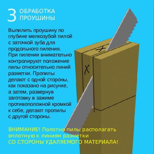 3 ОБРАБОТКА ПРОУШИНЫ Выпилить проушину по глубине мелкозубой пилой с заточкой зуба для продольного пиления.  При пилении внимательно контролируют положение пилы относительно линий разметки. Пропилы делают с одной стороны, как показано на рисунке,  а затем, развернув заготовку в зажиме противоположной кромкой к себе, делают пропилы  с другой стороны. ВНИМАНИЕ! Полотно пилы располагать вплотную к линиям разметки  СО СТОРОНЫ УДАЛЯЕМОГО МАТЕРИАЛА!