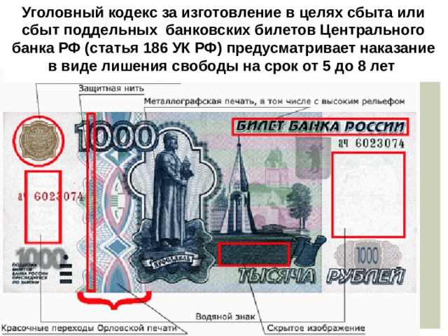 Уголовный кодекс за изготовление в целях сбыта или сбыт поддельных банковских билетов Центрального банка РФ (статья 186 УК РФ) предусматривает наказание в виде лишения свободы на срок от 5 до 8 лет 