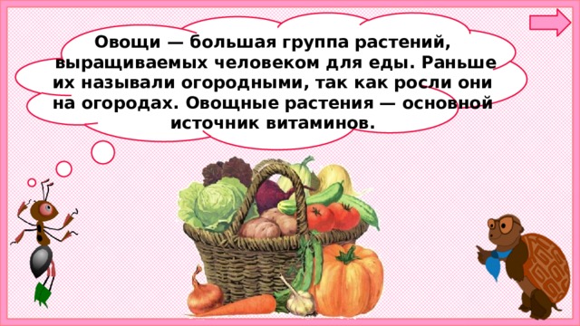 Овощи  — большая группа растений,  выращиваемых человеком для еды. Раньше их называли огородными, так как росли они на огородах. Овощные растения — основной  источник витаминов. 