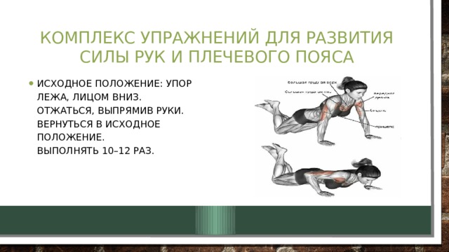 Комплекс упражнений для развития силы рук и плечевого пояса Исходное положение: упор лежа, лицом вниз.  Отжаться, выпрямив руки.  Вернуться в исходное положение.  Выполнять 10–12 раз. 